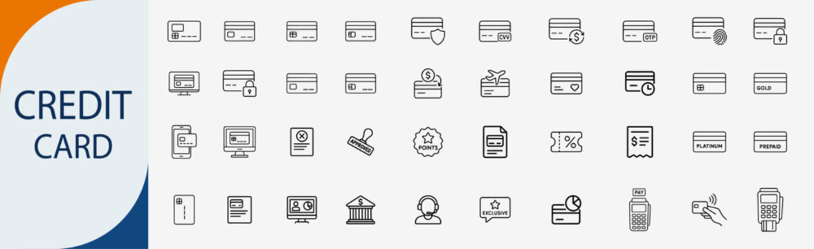 credit card online payment banking icon set, minimal black line vector