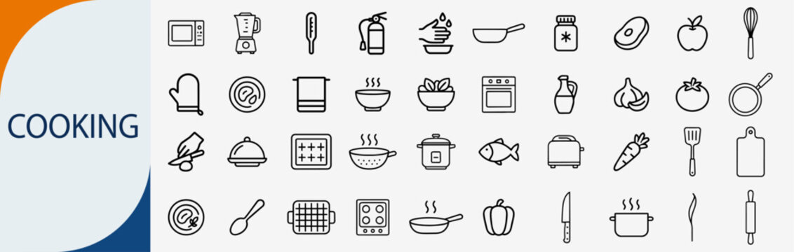 cooking and kitchen equipment icon set, minimal outline vector illustration