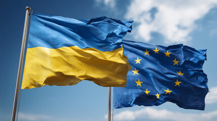 ukrainian flag waving next to eu flag in blue sky