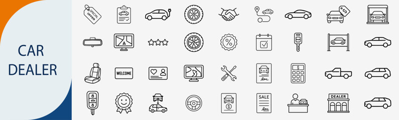 car dealer automotive icon set, minimal outline vector showroom symbols