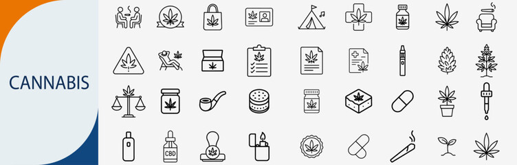 medical cannabis marijuana leaf herbal healthcare icon set, minimal line vector