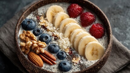Top view of healthy vegan breakfast bowl with fruits and nuts, clean eating and balanced diet concept.