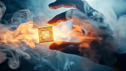Hand holding glowing computer microchip with smoke effects, futuristic technology concept - Powered by Adobe