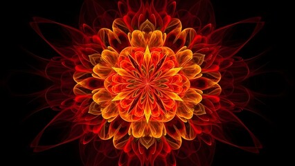 Vibrant Fiery Fractal Bloom on Black Background