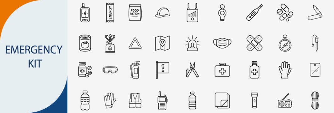 emergency kit and survival icons, minimal monoline vector illustration