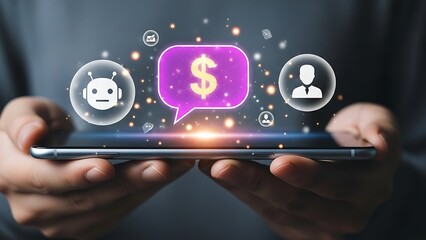 AI Customer Service and Financial Technology Concept with Robot and Dollar Icons over Smartphone