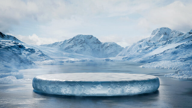 Minimalist ice podium on frozen surface . Background for product mockup
