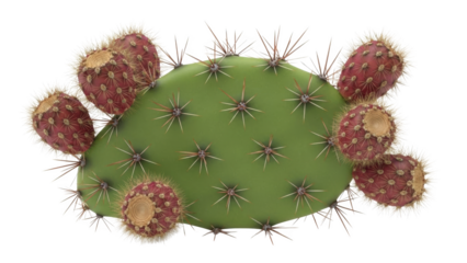 Prickly pear cactus pad with red fruit and white spines