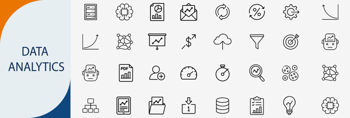 data analytics and visualization icons, minimal monoline vector illustration