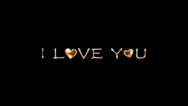 I Love You golden shine light motion text with glitch effect animation cinematic title on black abstract background.  isolated  QuickTime Alpha Channe proress 444