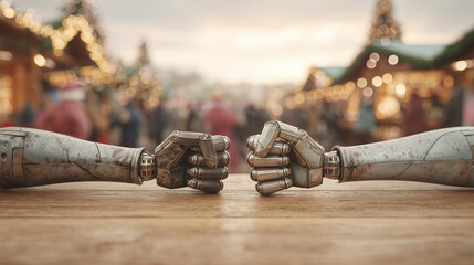 Metal Gloves Resolve, Pair Of Metal Gauntlets Face Each Other Amidst Warm Lights At Seasonal Festival