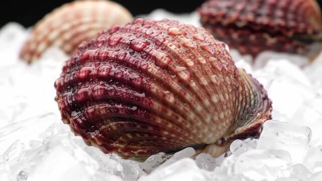 Wet seashell on ice, fresh clam for seafood display, close-up with blurry background for food art