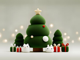 Christmas background, with christmas tree decoration with stacked soft textured layers and wrapped gift boxes in a cozy festive 3D style