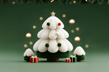 Christmas background, with christmas tree decoration with stacked soft textured layers and wrapped gift boxes in a cozy festive 3D style