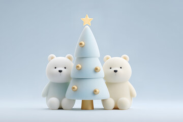 Christmas tree illustration with two teddy bears standing together in a soft minimal 3D winter style