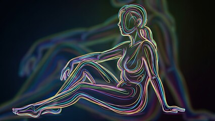 Abstract Woman Figure Outline with Rainbow Neon Glow, Sitting Pose