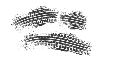 Grunge tire track, wheel braking marks. Truck, car or motorcycle tread pattern silhouette. Auto race, motorsport, speed racing design element. Vector illustration