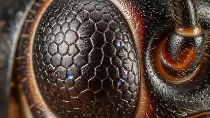 Extreme close-up macro shot of an insect's compound eye with visible hexagonal facets.
