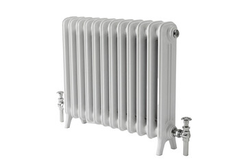 ultra-detailed cgi render of a vertically oriented, traditional white cast-iron column radiator with ornate period styling, isolated on a transparent background, concept of luxury technical
