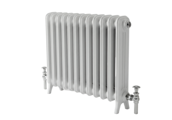 ultra-detailed cgi render of a vertically oriented, traditional white cast-iron column radiator with ornate period styling, isolated on a transparent background, concept of luxury technical