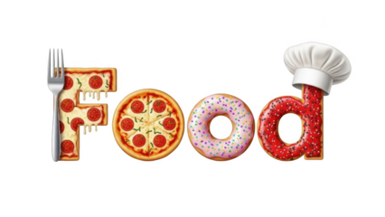 F letter made of pizza slice with fork O letter made of whole pizza D letter made of pink donut and D letter made of red donut with chef hat