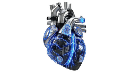Futuristic mechanical heart with glowing blue circuits and chrome accents on black background futuristic heart