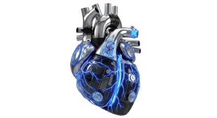 Futuristic mechanical heart with glowing blue circuits and chrome accents on black background futuristic heart