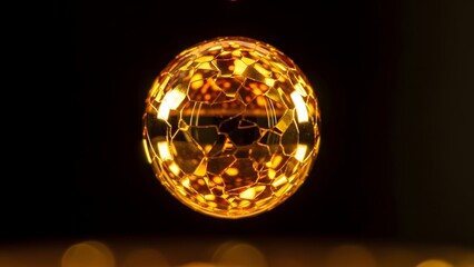 Abstract Golden Orb Sphere with Geometric Facets Glowing in Darkness