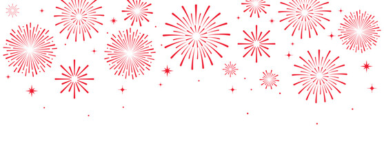 Elegant red fireworks burst and sparkling stars on clean white background, festive celebration illustration for New Year, holiday party, greeting card, luxury event design, minimalist style vector. © bibin