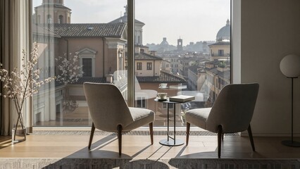 Charming couple enjoying a coffee moment in elegant chairs with a scenic city view