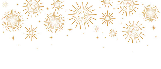 Elegant gold fireworks burst and sparkling stars on clean white background, festive celebration illustration for New Year, holiday party, greeting card, luxury event design, minimalist style vector. © bibin