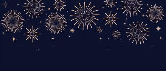 Elegant gold fireworks burst and sparkling stars on clean blue background, festive celebration illustration for New Year, holiday party, greeting card, luxury event design, minimalist style vector. © bibin