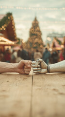 Busy Holiday Marketplace Scene Showing Vendor Holding Steel Glove With Decorations In Background