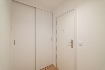A modern hallway with white walls and a closed door. The floor is wooden, and there are sliding closet doors on one side.