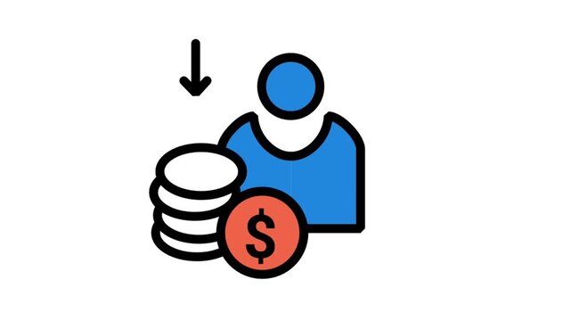 Animated user icon with descending arrow and coin stacks. Represents financial loss, decreasing profit, saving, or cost management motion.