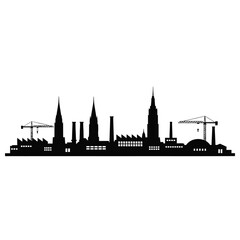 Obraz premium A striking skyline featuring buildings industrial structures and construction cranes silhouette
