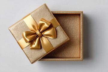 Holiday gift. Elegant packaging. Opened elegant square box. Top view. Jewelry, birthdays and luxury branding.