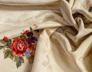 Soft beige. Delicate texture. Vintage style with floral pattern. Texture of premium textile fabric. Premium cotton material.