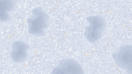 street network and yellow location markers. Blue urban geography plan with terrain features. Vector illustration. © Vadym