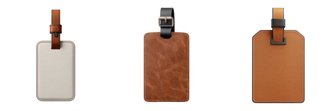 Luggage tags in different leather textures and colors isolated on a background isolated on a transparent background
