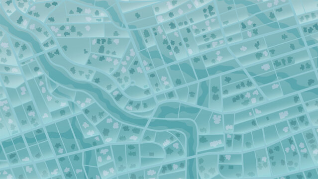 Top view teal city map pattern with winding river and building blocks. Detailed urban cartography background. Vector illustration.