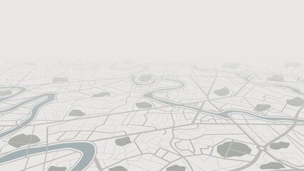 Perspective city map landscape with rivers and parks in soft tones.