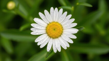 Close-up of a daisy with water droplets on petals, green blurred background