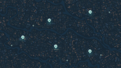 City map with electric vehicle charging station pins. GPS navigation interface concept. Vector illustration.