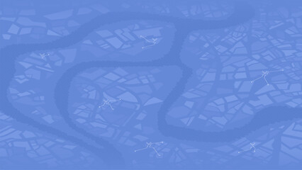 Blue stylized city map with river winding through urban blocks and marked paths. Vector illustration.