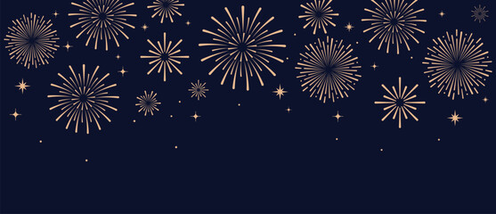 Elegant gold fireworks burst and sparkling stars on clean blue background, festive celebration illustration for New Year, holiday party, greeting card, luxury event design, minimalist style vector. © bibin