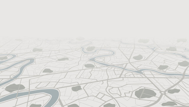 Perspective city map landscape with rivers and parks in soft tones.