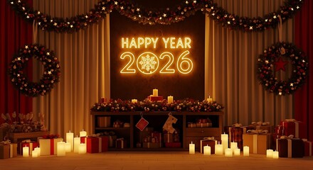 Warmly lit festive display with gifts and candles, celebrating the arrival of the New Year 2026 with glowing neon.