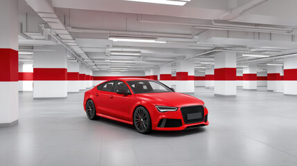 Obraz premium Sleek red sportscar is parked in a brightly lit, modern underground parking garage with white columns and red accents, showcasing its design and power in the space.