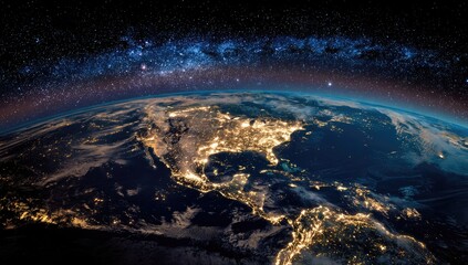 A composite shot displays a dark, blue Earth illuminated by city lights, beneath a vibrant galaxy and twinkling stars